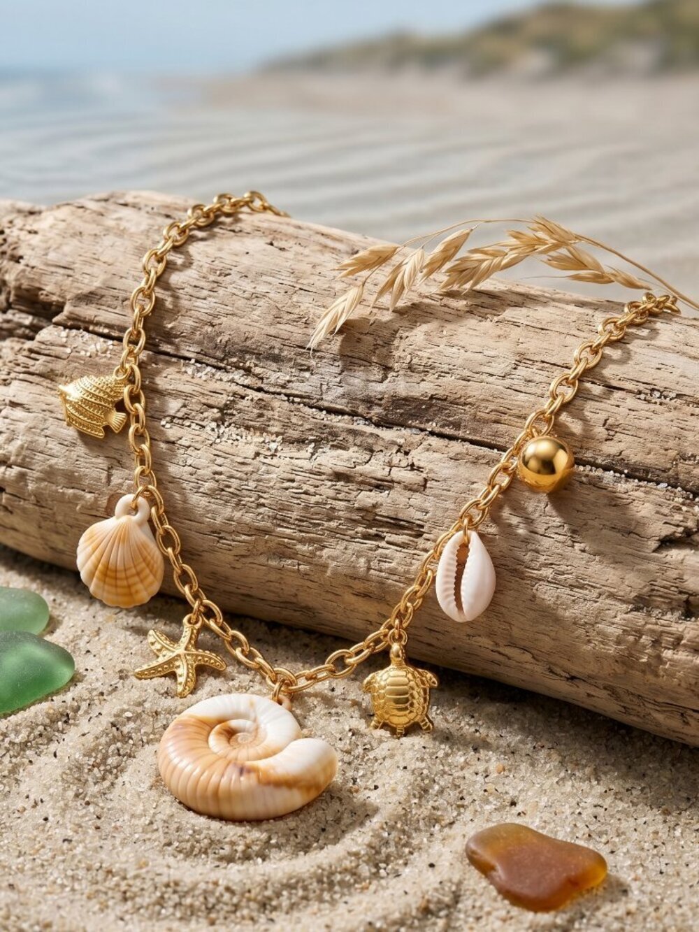 18K Gold Plated Faux Shell Mermaidcore Charm Necklace Turtle Starfish 15.5" - Picture 7 of 15